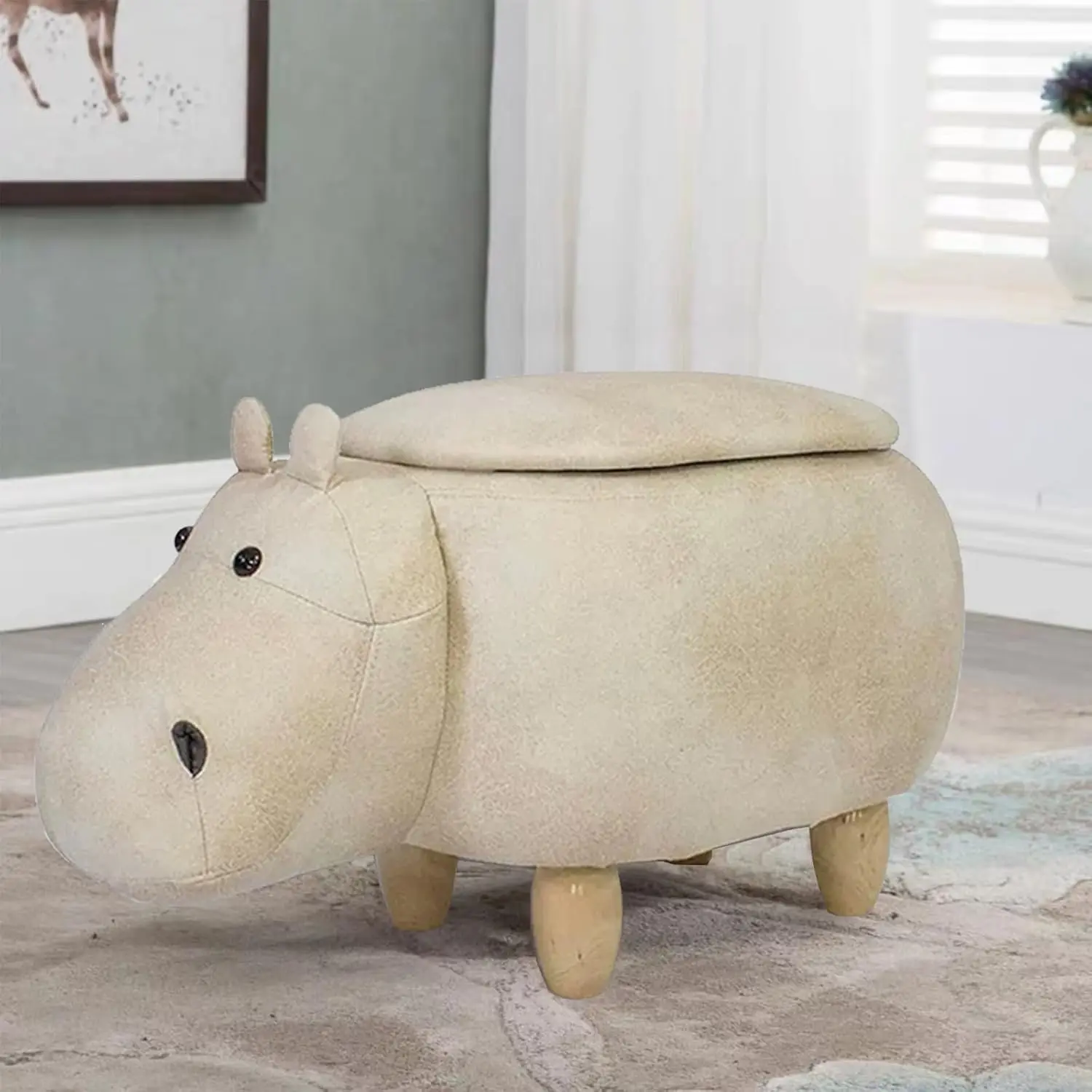 Ottoman Footrest, Animal Ottoman Footstools With Storage, Large Wood Hippo Ottoman Foot Stools, Faux Leather Storage Stool Rest