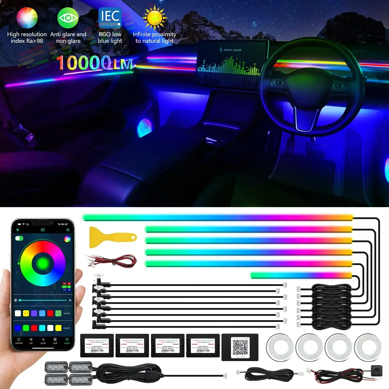 110cm Car Acrylic Ambient Symphony RGB LED Car Atmosphere Light Bar Strips Replace the Broken Defective Replacement Ambient 12V