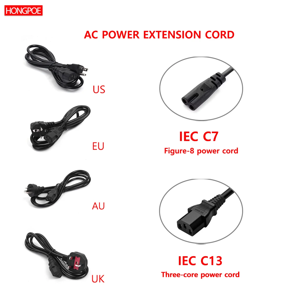 Universal AC power cord C13/C7 EU/US/AU/UK plug 1.2M pure copper re placement extension line for LED TV displaysTriangular cable