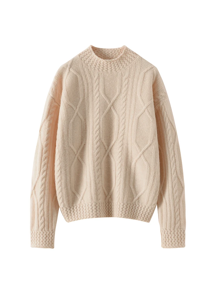 

Women's Autumn Winter Mock Neck Pullover Cashmere Sweater Casual Loose Style 100% Merino Wool Knitwear Cable Knit Soft Warm Tops