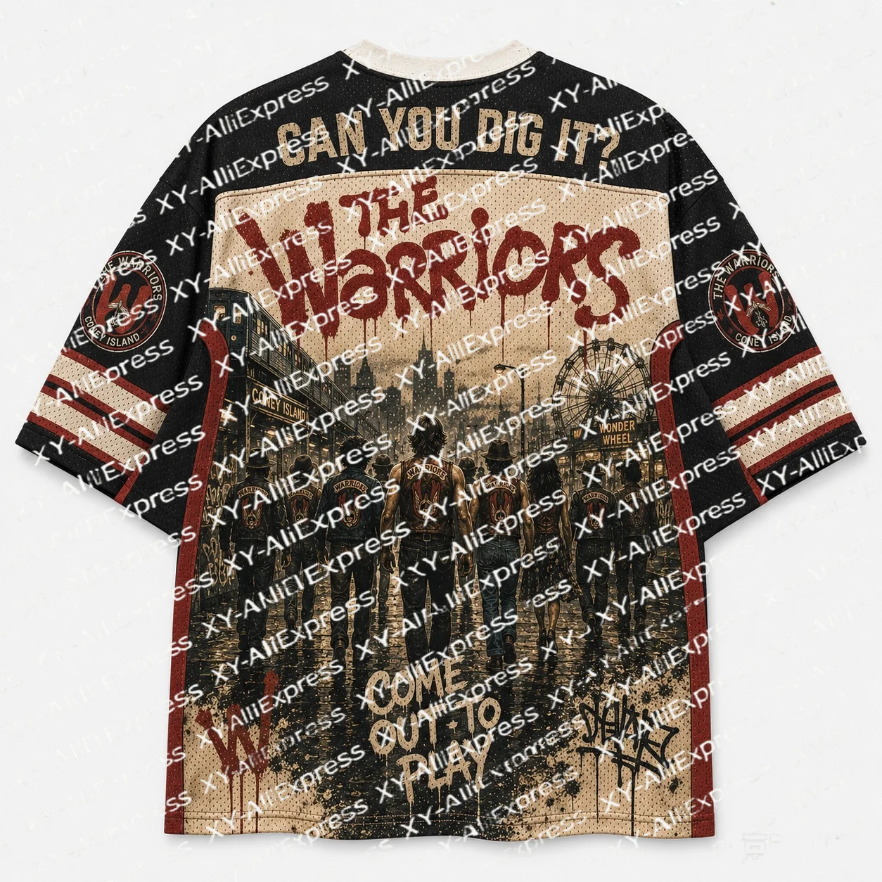 Urban Old Street Poster Style Print Jersey. Aged Yellow Base, City Group Figures & Graffiti Fonts, Worn Vintage Print Texture.