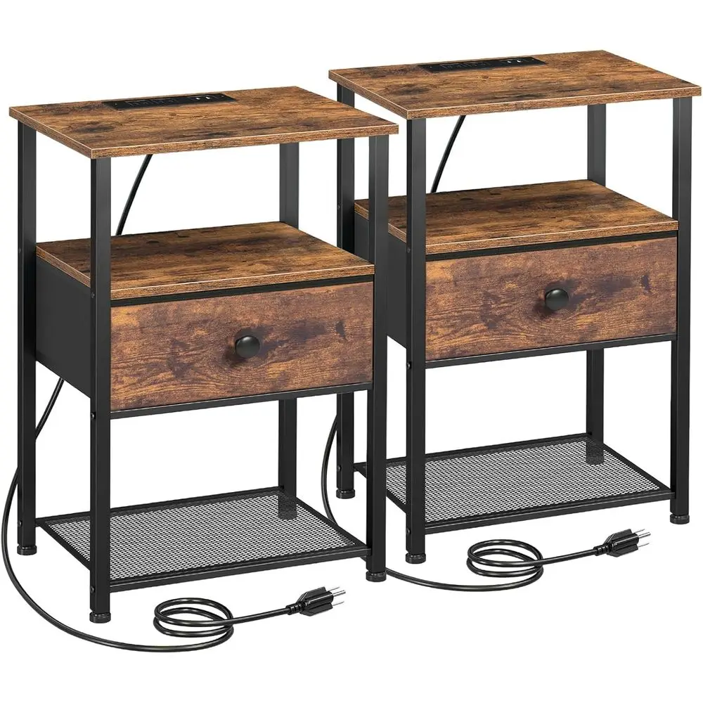 

Rustic Brown Nightstand with Charging Station, Storage Shelf for Small Spaces Living Room, Bedroom Side Table with Fabric Drawer