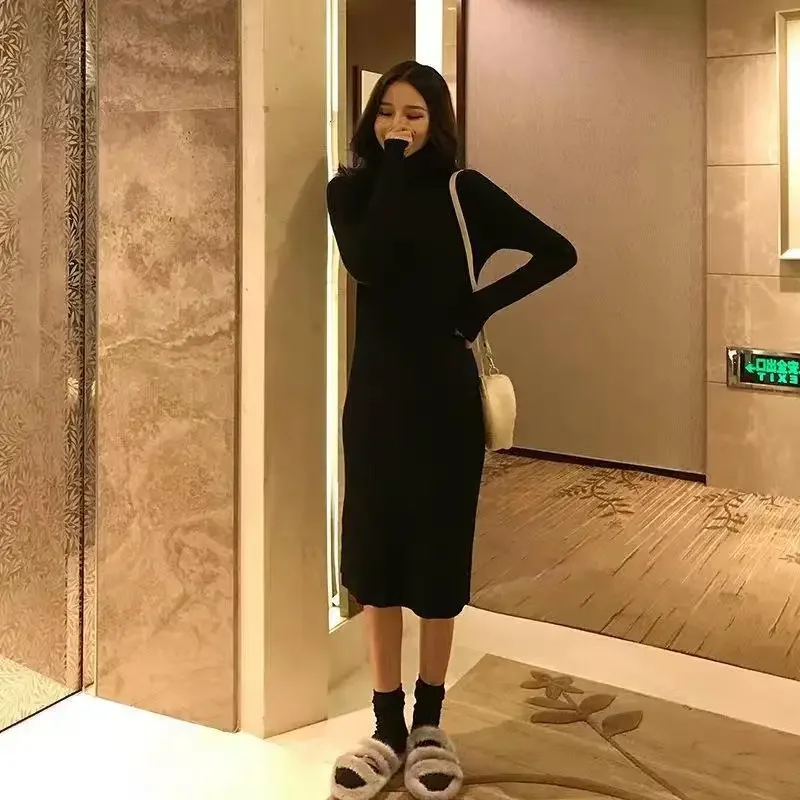 Black Midi White Women's Crochet Dresses Cover Up Female Knit Dress Knee Length A Line On Sales Elegant Luxury Autumn and Winter