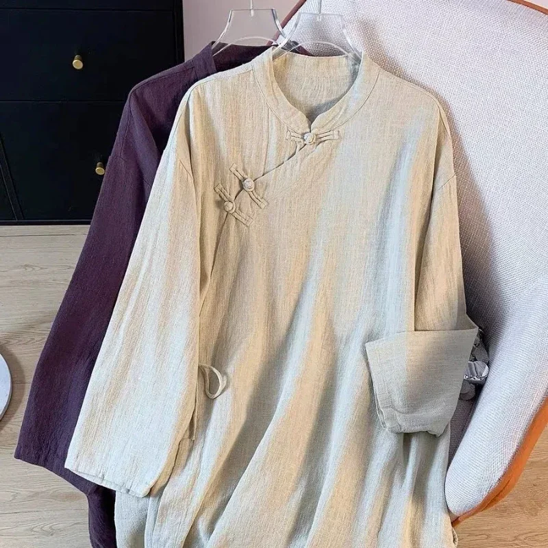 

New Chinese Literary and Artistic Buckle with Cotton and Linen Shirt Female Long Zen Tea Clothing Standing Collar Top XQ84
