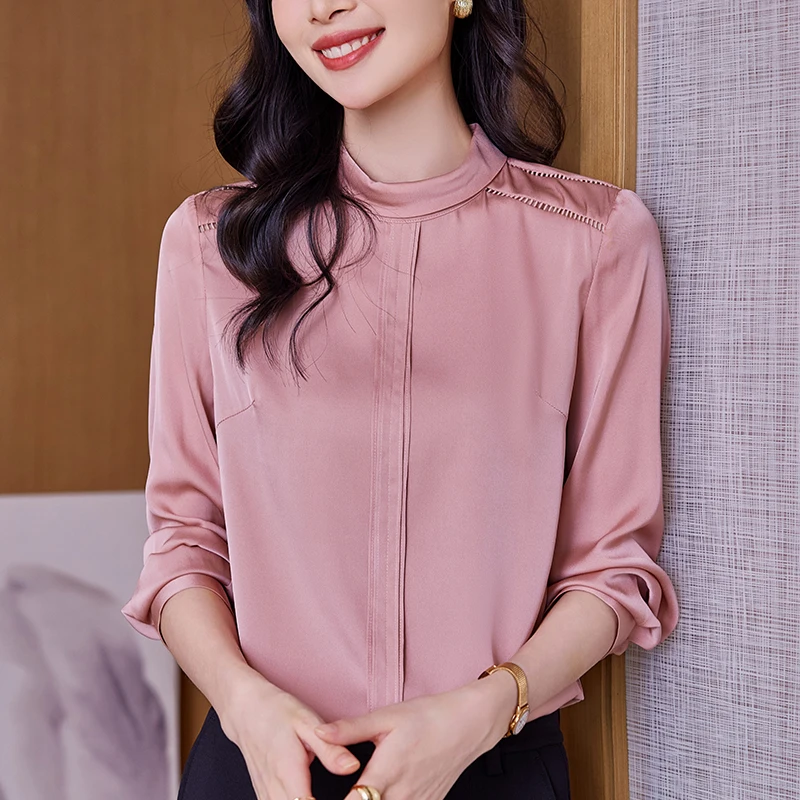 

New Elegant Shirts and Blouses for Woman Hollow Out Long Sleeve Women Solid Blouse Vintage Tops Office Lady Real Silk Shirt