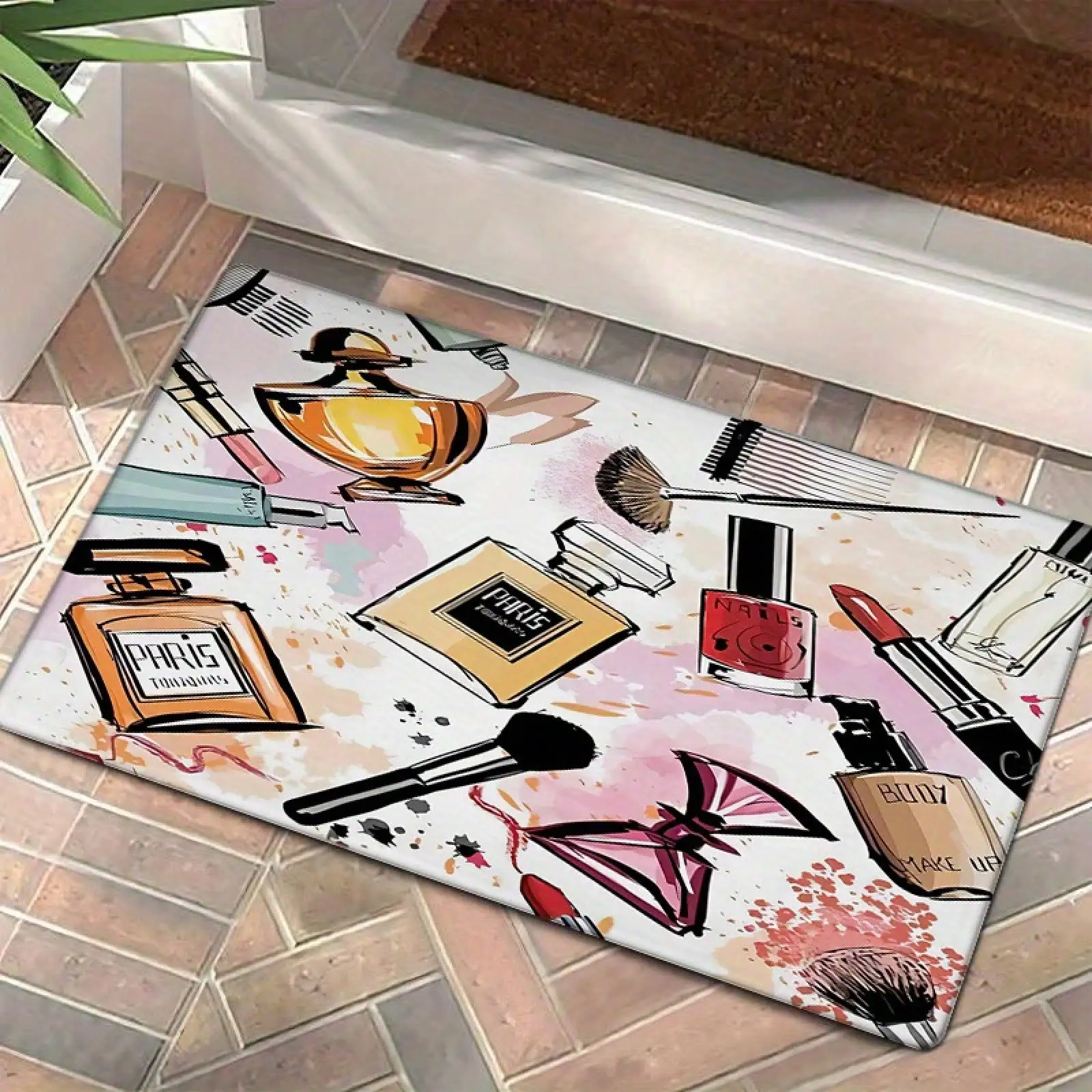 Flannel Thickness 1.2cm Foot-1pc Door, Perfume Cosmetic Print Absorbent Non-Slip, Comfort Floor Pad, Washable Entryway Kitchen Living Room Bedroom Laundry