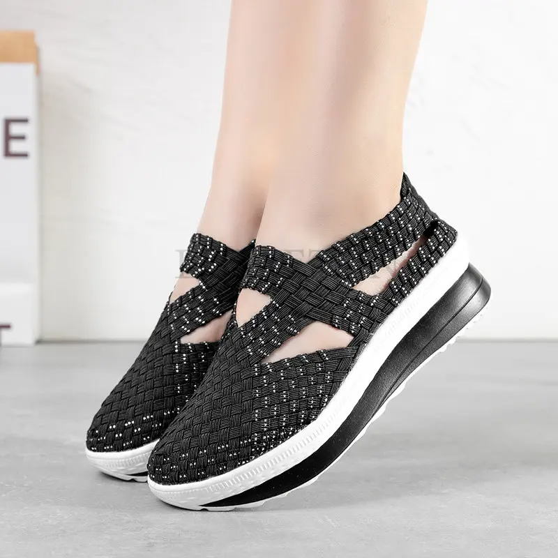 Women Shoes Flat Platform Woven Casual Loafers Slip On Breathable Walking Sneakers Fashion Female Tenis 4.5CM Heigh