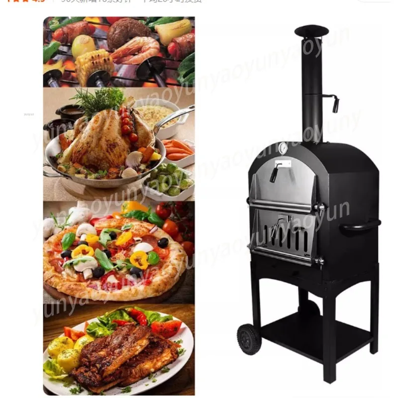 22 Inch Stainless Steel Dual Purpose Pizza Grill Portable Hand Push BBQ Grill PP Wheels for Backyard Outdoor Barbecue Cooking
