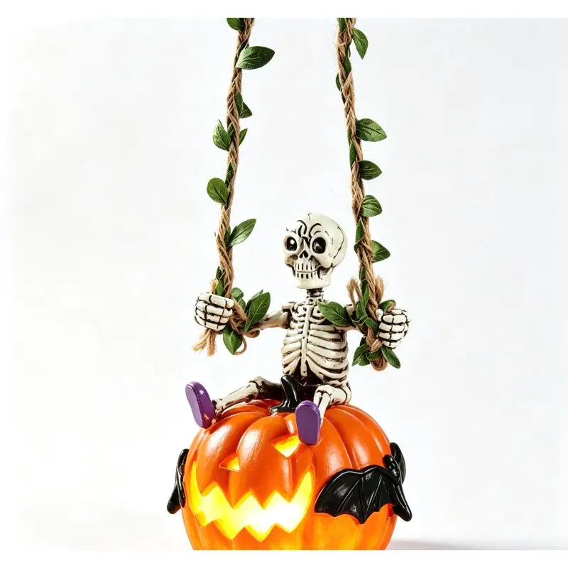 Halloween Skeleton Swing Pumpkin Led Lantern Resin Ornament Spooky Home Party Holiday Decoration