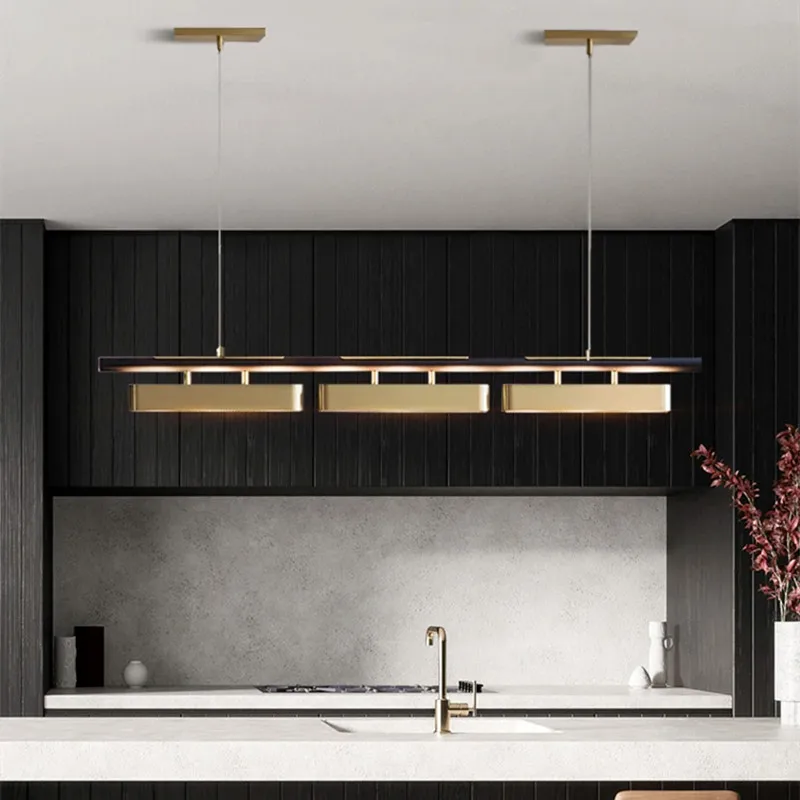 

Modern Dining Room LED Pendant Light Black Gold Combination Long Chandelier Nordic Cafe Bar Kitchen Island Iron Art Hanging Lamp