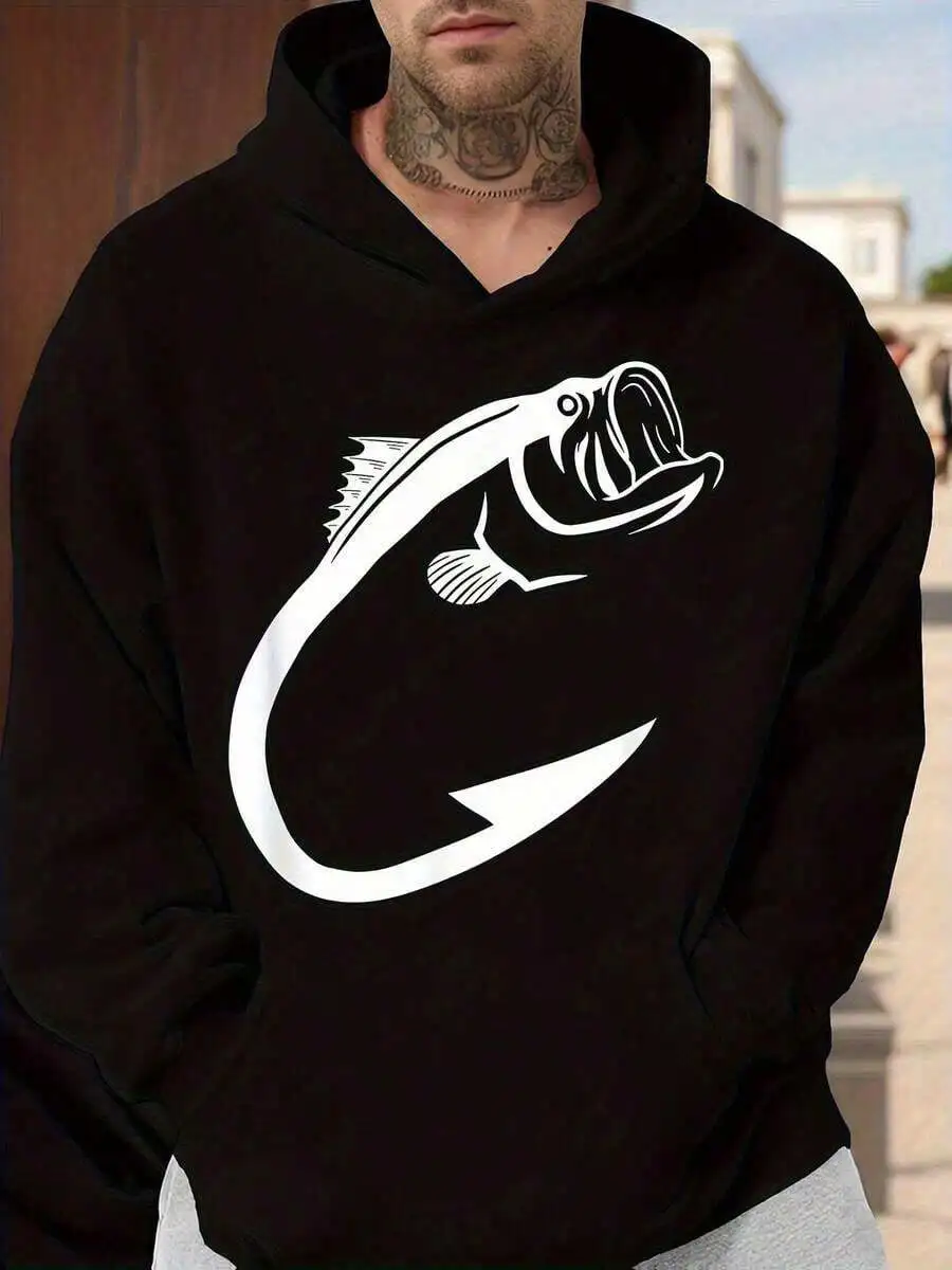 

Fishing Hook Fish Graphic Print Hoodie For Men Women Black Casual Streetwear Sweatshirt