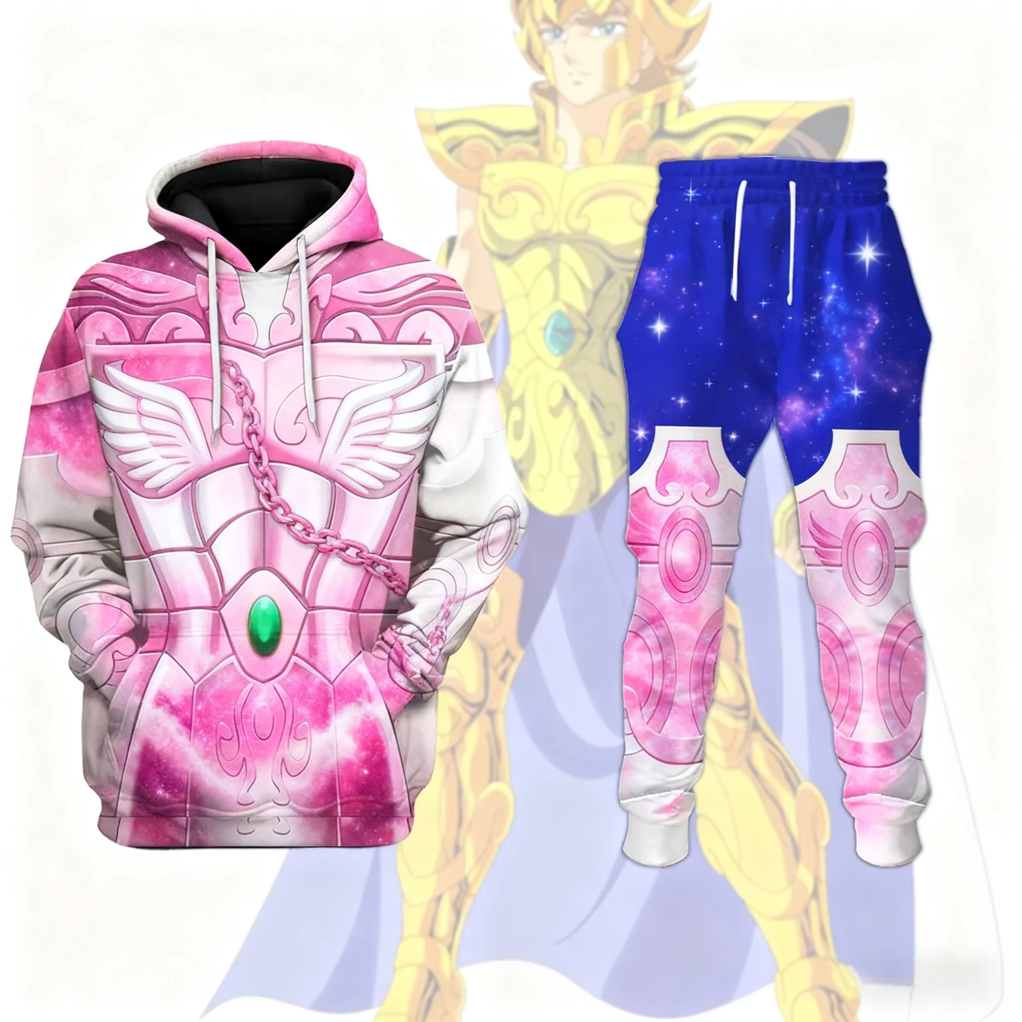 Cosplay anime saint seiya impressão hoodies calças conjuntos 3d rua harajuku conjuntos de treino esportes masculinos ternos de corrida de duas peças