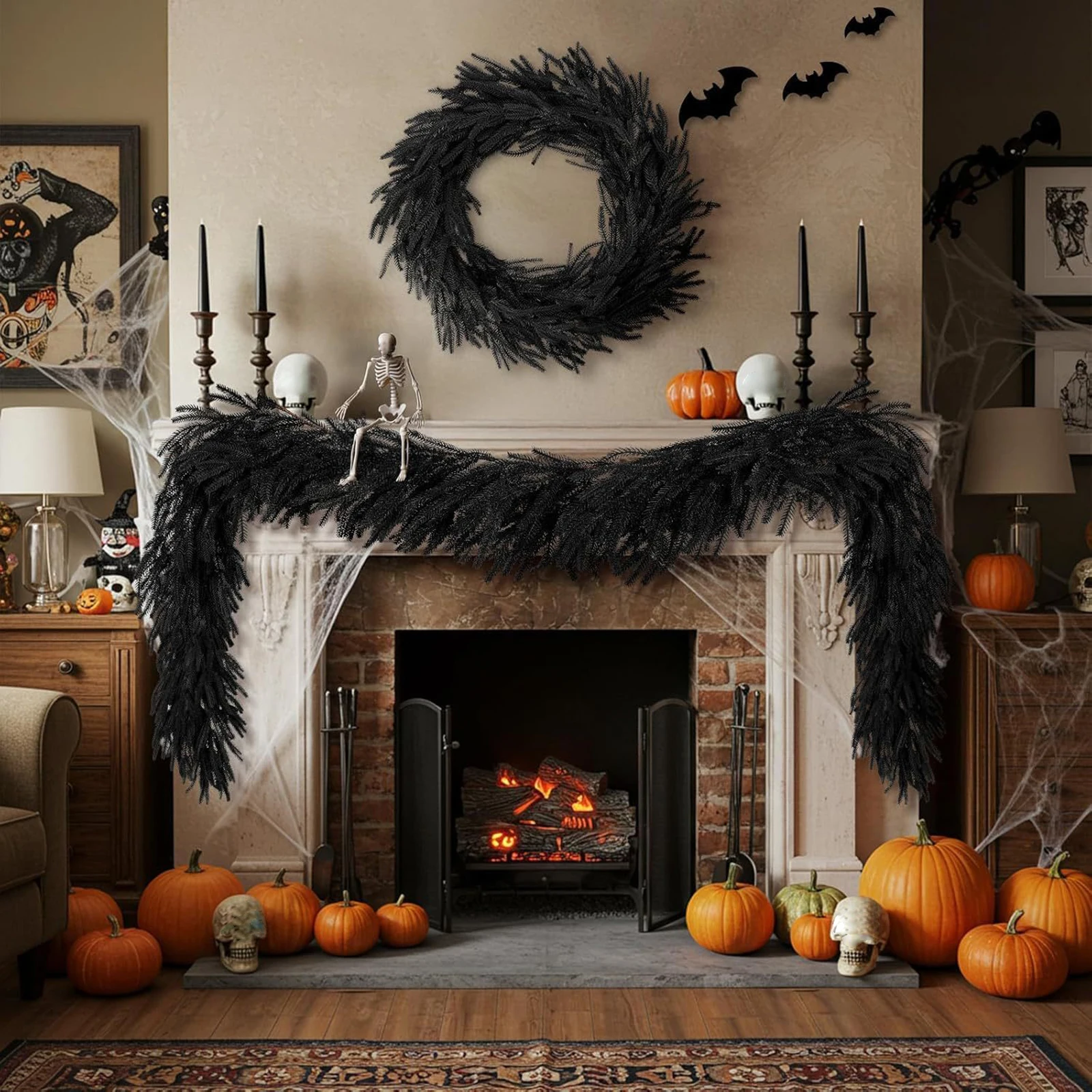 Halloween Black Vine Artificial Norfolk Pine Garland Spooky Decor for Home Haunted House Party