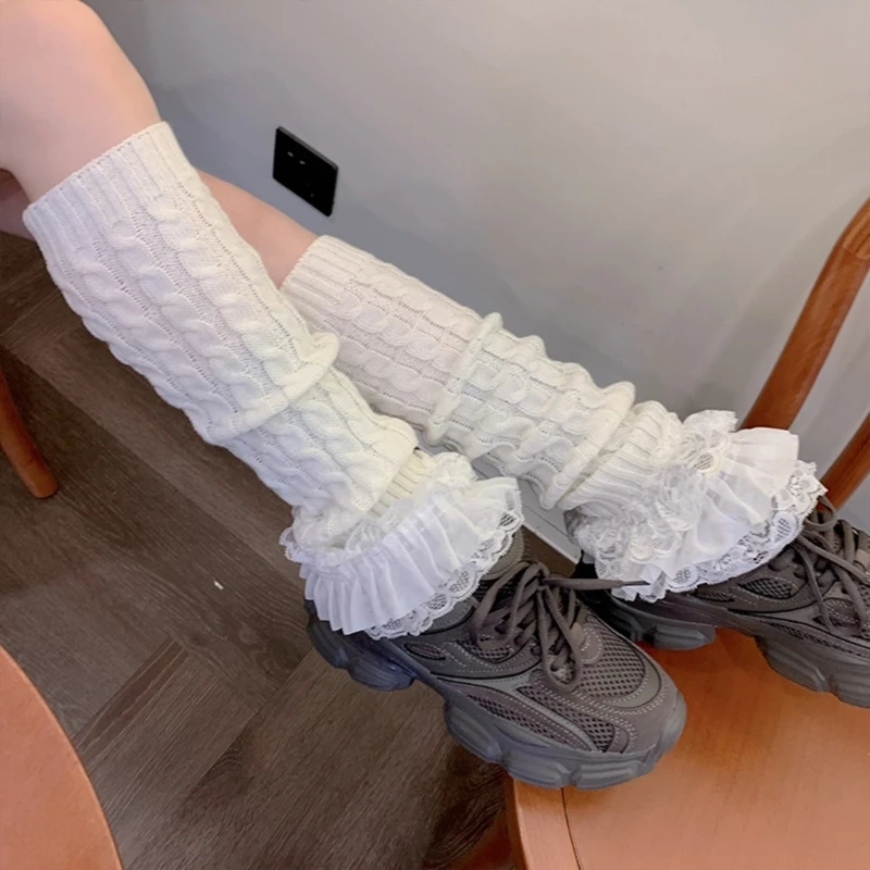 Jambières mignonnes en tricot avec câble torsadé nœud chaussettes à plusieurs niveaux avec ourlet en dentelle à