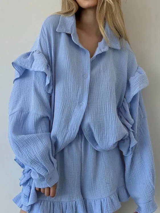 

Casual Long Sve Ruffled irt And orts Set Women's Spring Faion Polyester Material 8-25 Years Old Suitable