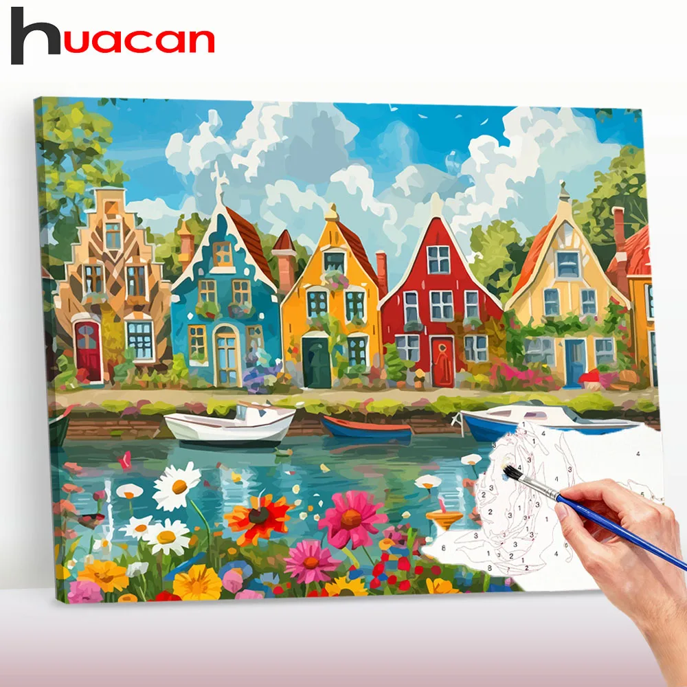 Huacan Malen nach Zahlen: Frühlingshaus am Fluss auf Leinwand, DIY-Sets, Landschaftsmalerei, Malen nach Zahlen, Heimdekoration ﻿ ﻿ ﻿