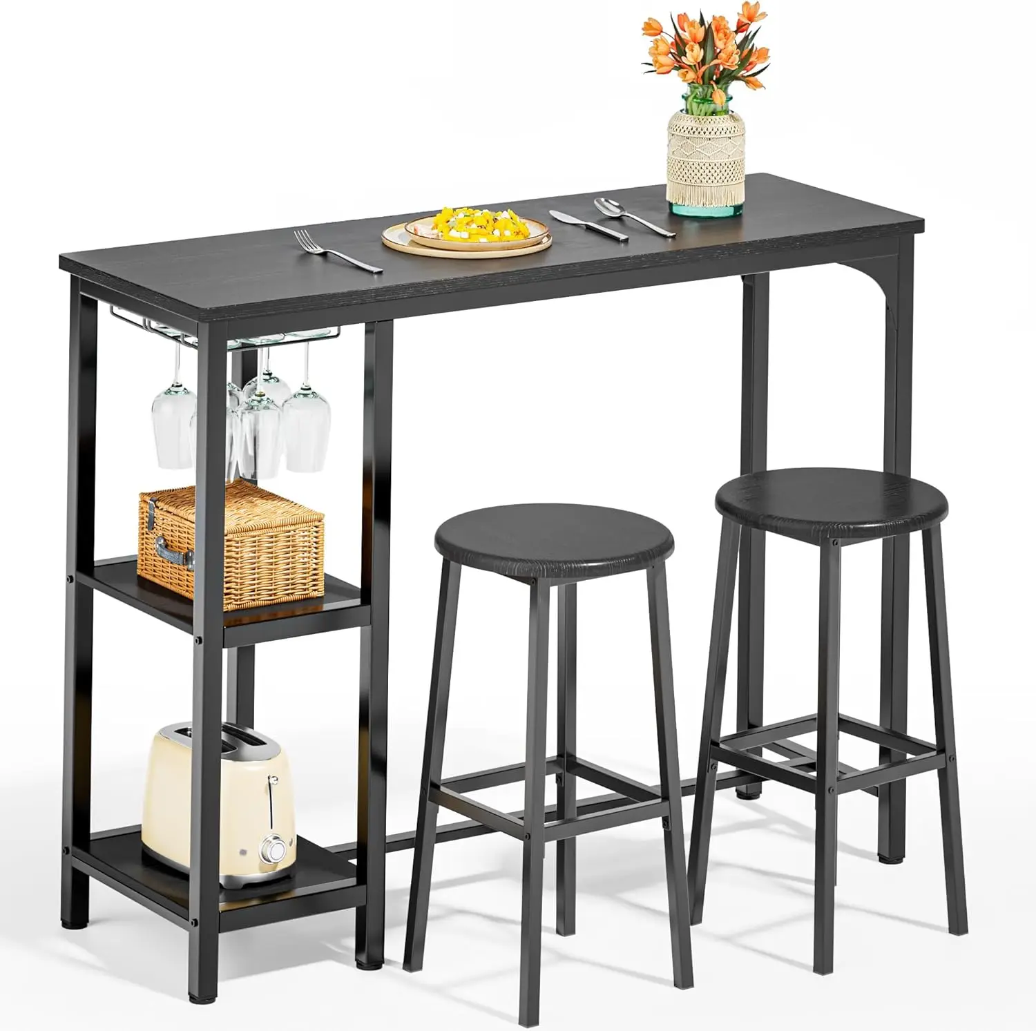 Small Bar Table Set For 2, Bar Table With Stools, Kitchen Table For 2 With 2 Storage Shelves & Wine Glass Holder, Dining Table