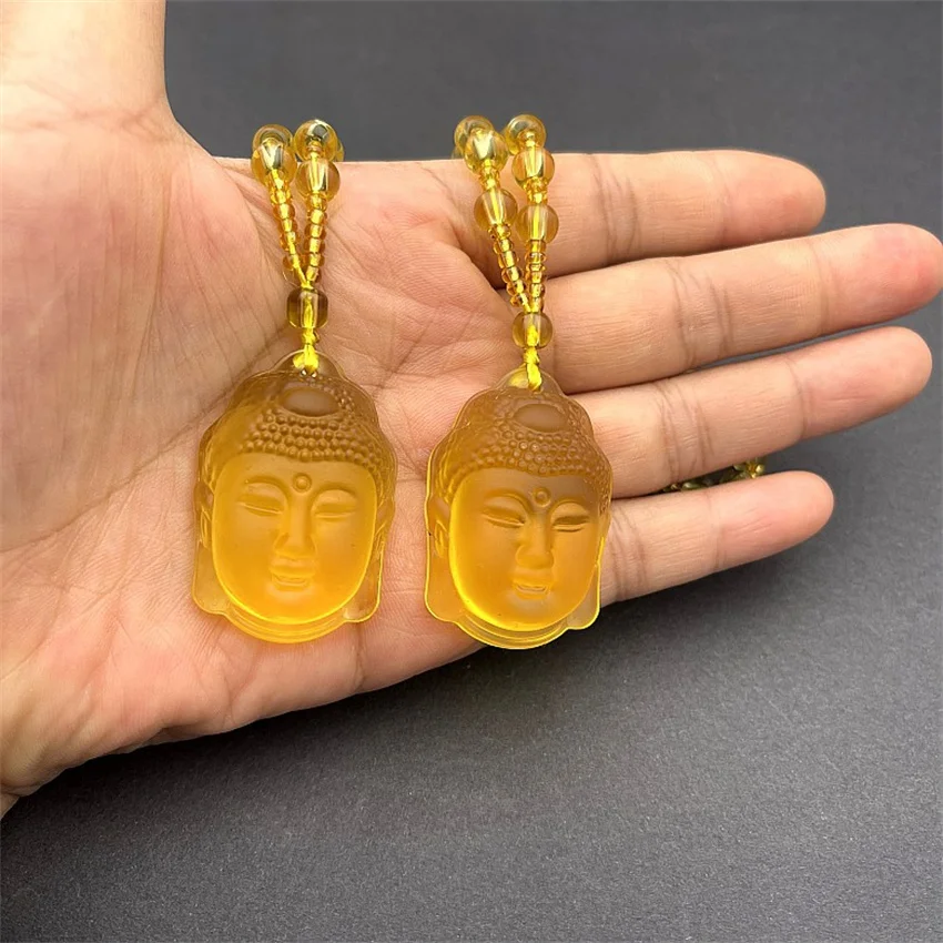 High Quality Unique Natural Yellow Quartz Carved Buddha Lucky Amulet Pendant Necklace Frosted Buddha head Amitabha Pendant