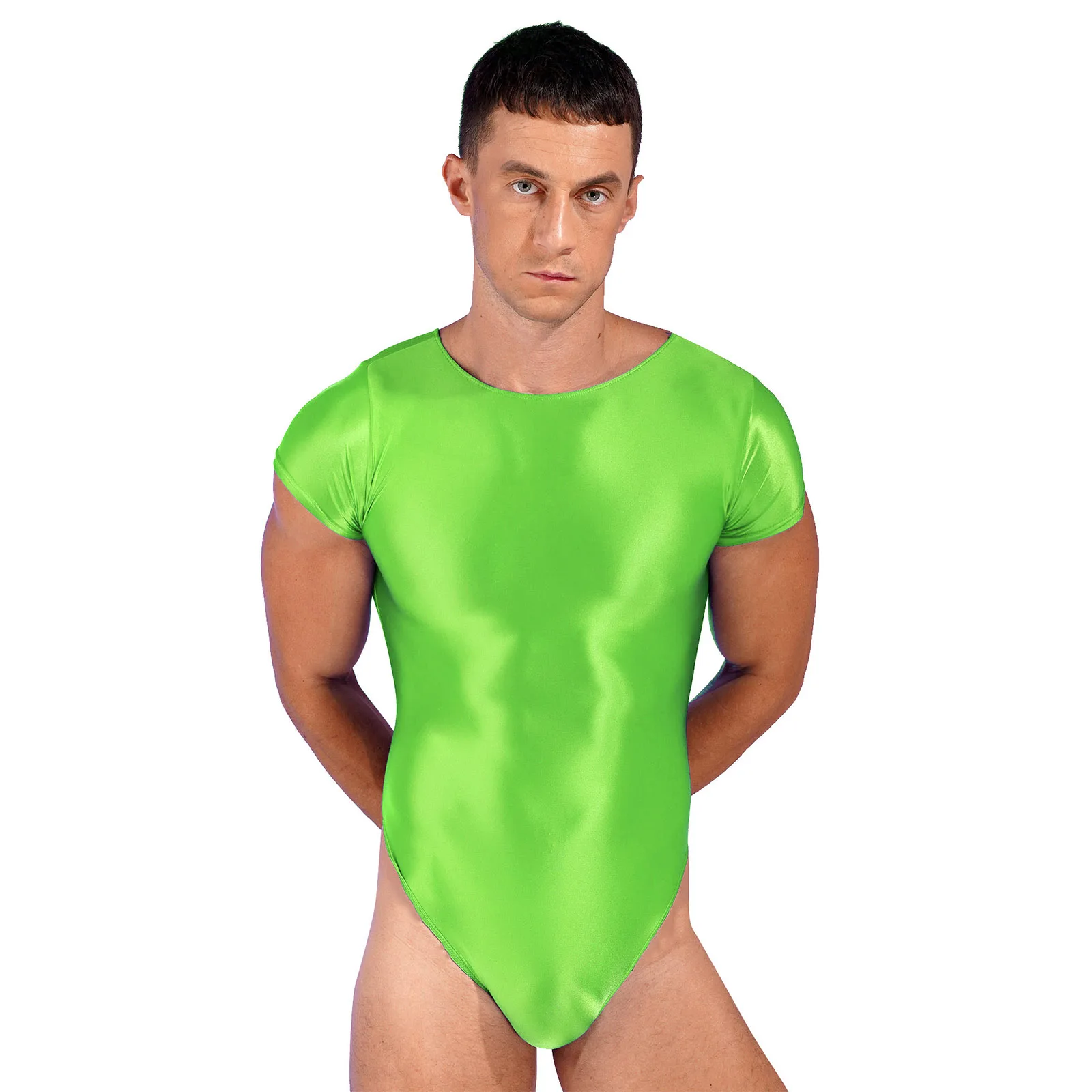 Mens Glossy Round Neck High Cut Bodysuit Swimwear One Pieces Solid Color Short Sleeve Leotard Gymnastics Bodybuilding Fitness