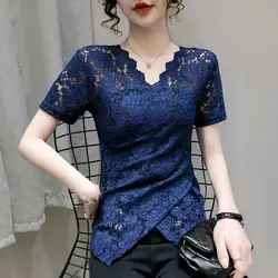 Temperament Slim V Neck Tops Tees Summer New Short Sleeve Solid Slit Hem Irregular Lace T Shirts Fashion Elegant Women Clothing