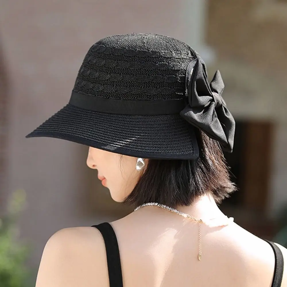 Fashionable Breathable Straw Outdoor Sun Hat French Style Bowknot Design Lace Straw Cap Elegant Beach Hat Resort Wear