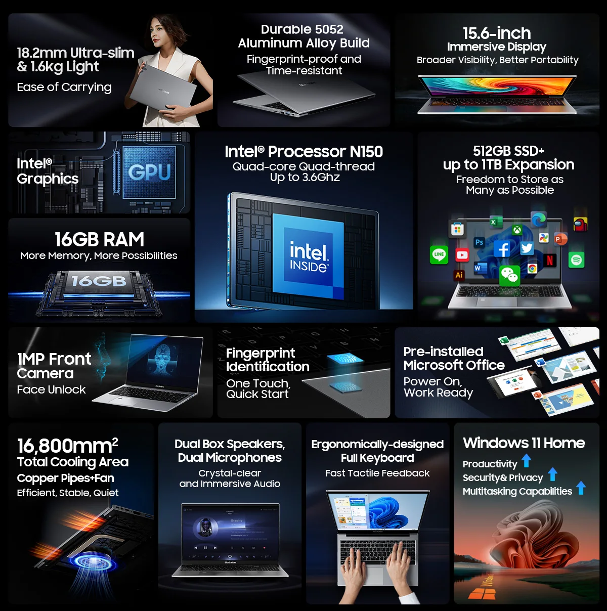 Blackview AceBook 8 Laptop, 15,6 Zoll, Intel-Prozessor N150, 16 GB RAM, 512 GB SSD + Erweiterung auf bis zu 1 TB, Windows 11 Home. – Detail 3