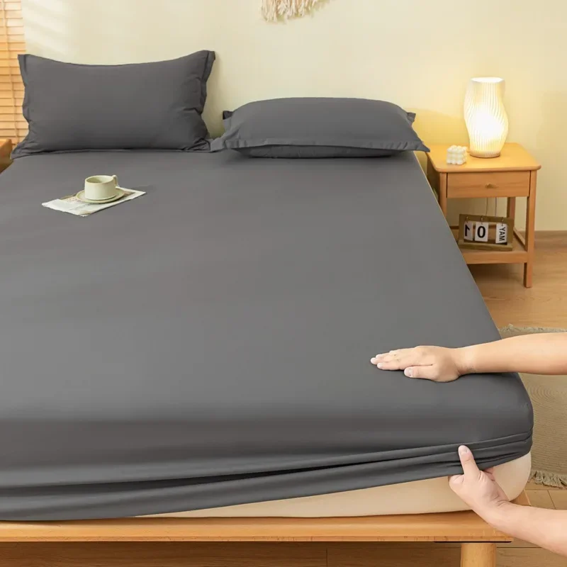 Solid Color Sanding 3Pcs Fitted Sheet Sets Skin-Friendly Non-Slip Mattress Protective Cover Comfort Elastic Bed Cover Pillowcase