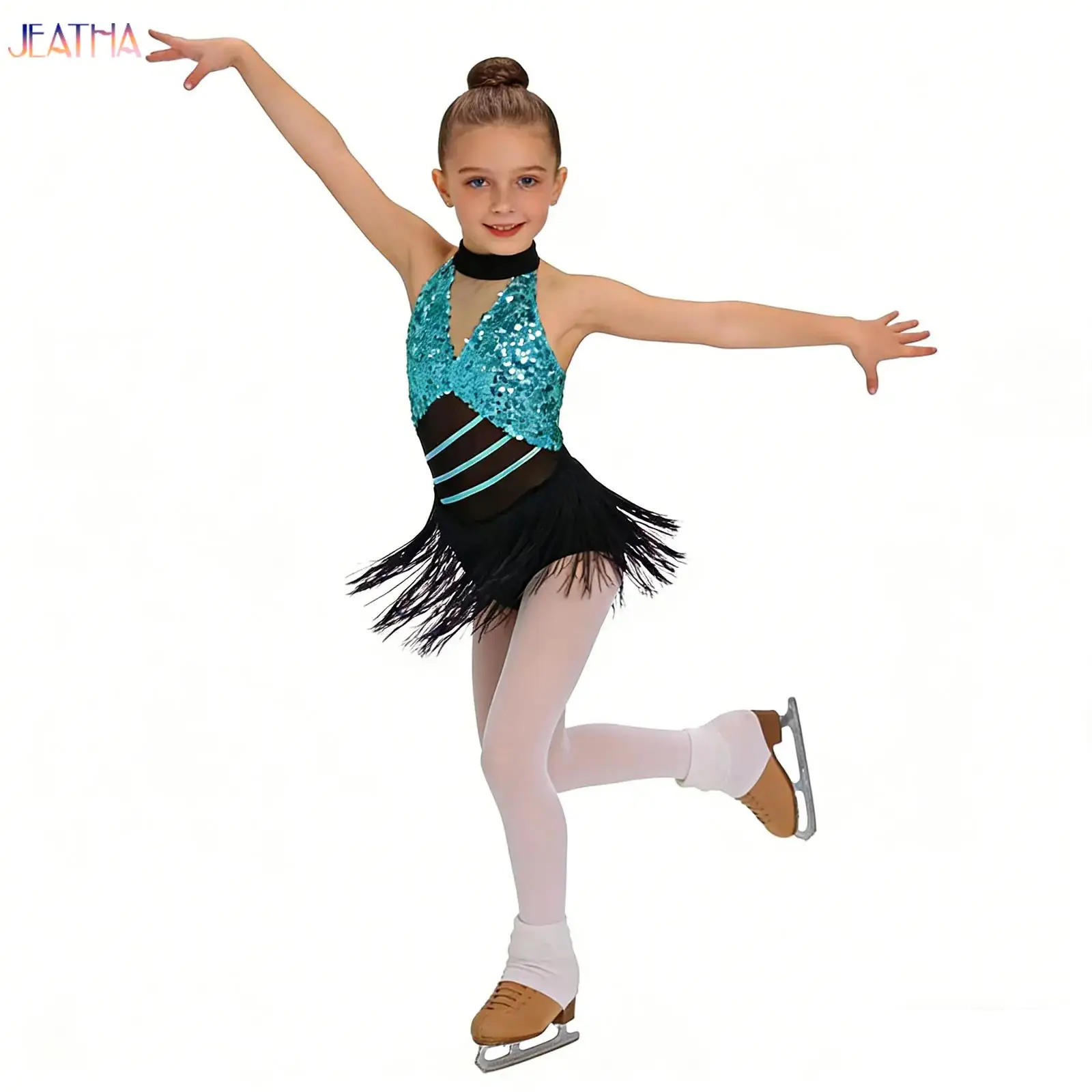 

Kids Girls Cha-cha Salsa Latin Dance Costume Shiny Sequins Mesh Metallic Back Tassels Leotard Dancewear for Figure Skating