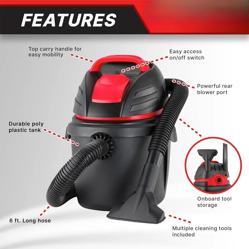 

9303511 Пылесос для влажной и сухой уборки, 2,5 пиковая HP, диаметр 1,25 дюйма X 4-футовый шланг, длина шнура 6 футов, настенный монтаж, Inclu