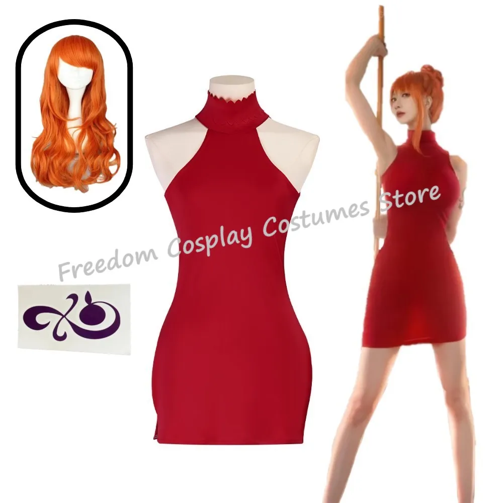 Disfraz de Anime Nami, peluca, vestido rojo ajustado sexy de verano, falda con hombros descubiertos, tatuajes, traje de fiesta de Halloween para mujer adulta