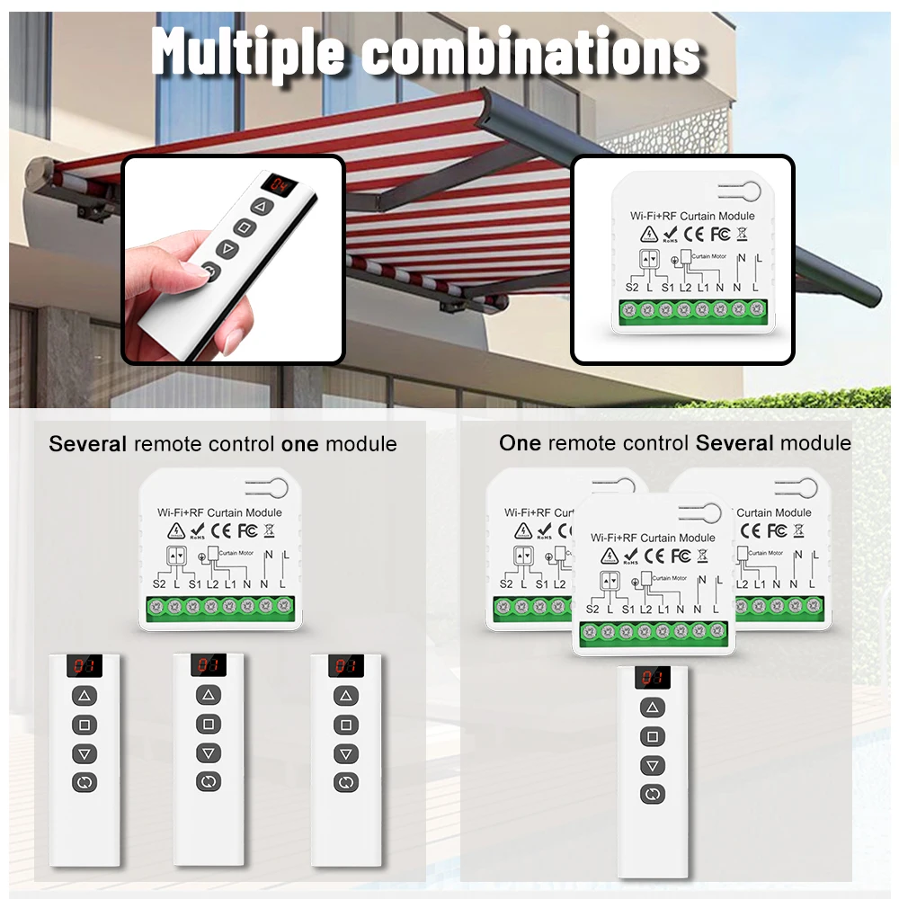 Interruptor WiFi para persiana enrollable eléctrica, dispositivo con control remoto RF433, compatible con Smart Life, Tuya, Google Home, Alexa y