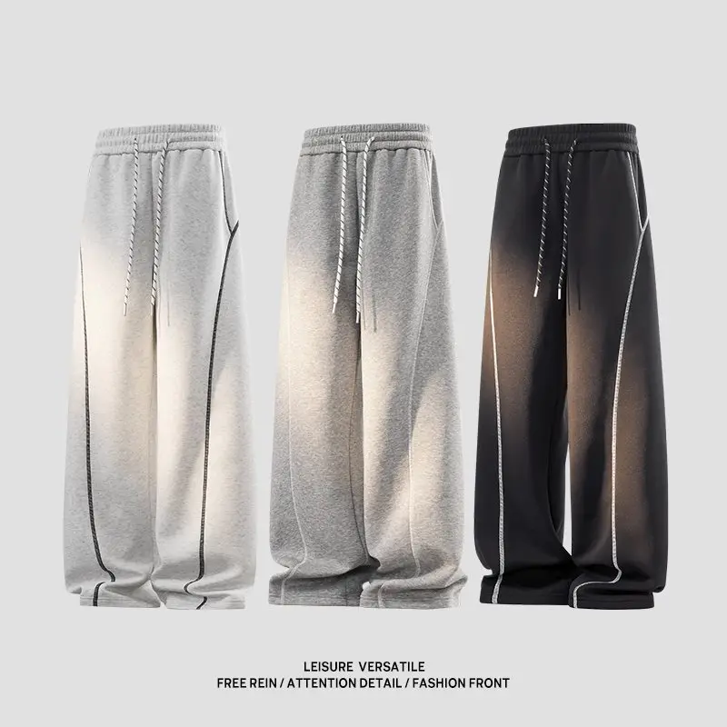

Spring 2026 Men's Loose Straight Leg Sweatpants High Waist Wide Leg Casual Trousers Side Bla Stripe American High Street Sle