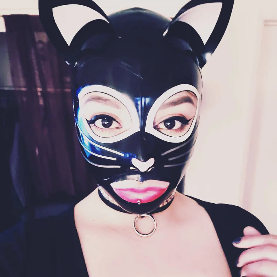 

Sexy Women Men Latex Fetish Hood Mask with Back Zip Cosplay Cat Ears Headpiece Handmade Clothing S-LM258