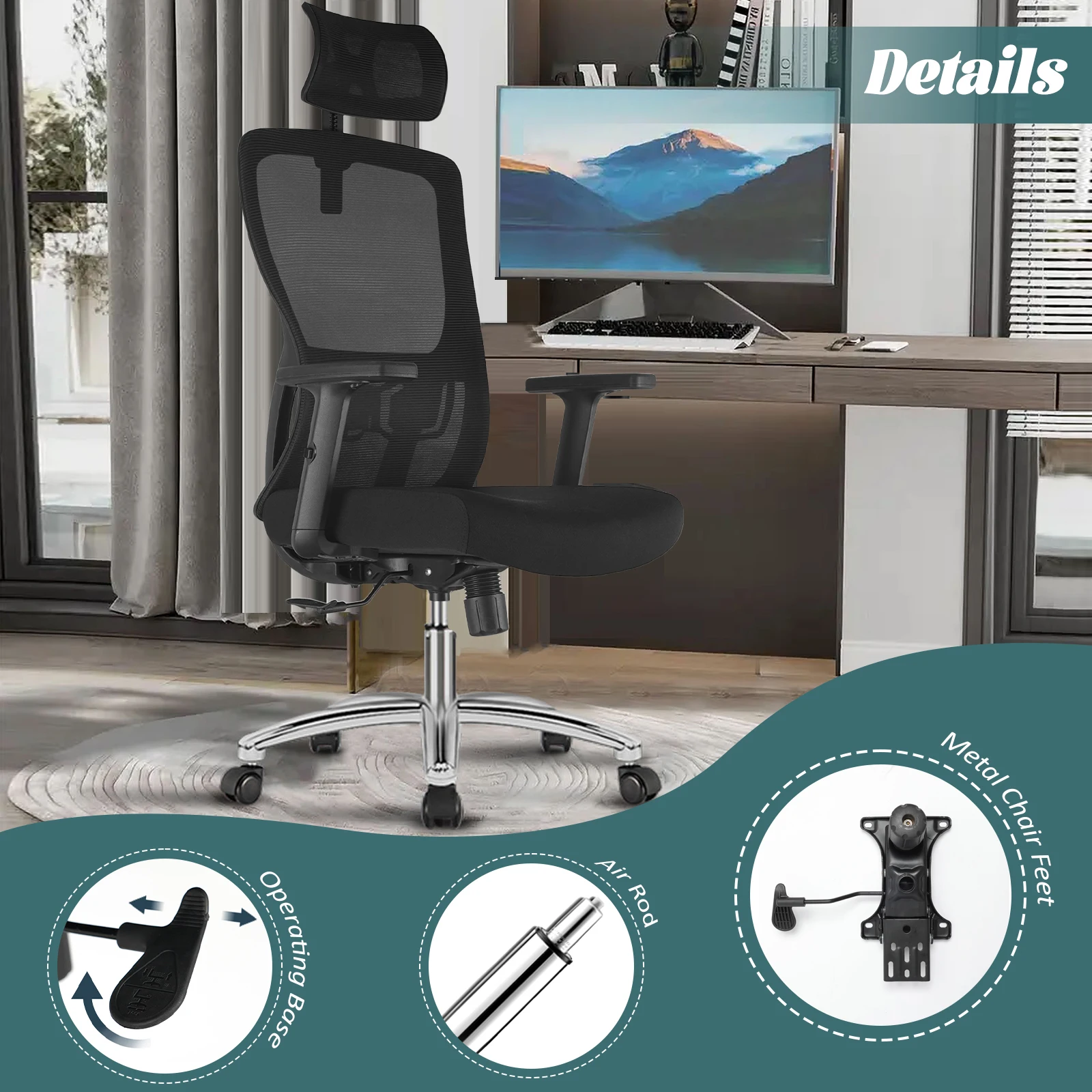 كرسي مكتب مريح من Durrafy، كرسي مكتب مع مسند رأس قابل للتعديل، مساند للذراعين ودعم قطني، كراسي دوارة شبكية، أسود