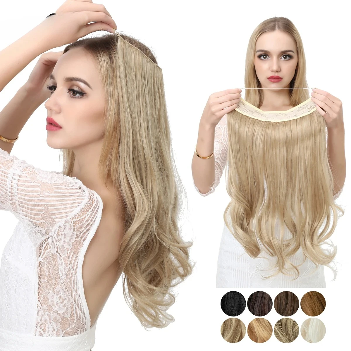 

Synthetic No Clip Wave Hair Extensions Ombre Natural Black Blonde Pink One Piece False Hairpiece Fish Line Fake Hair Piece