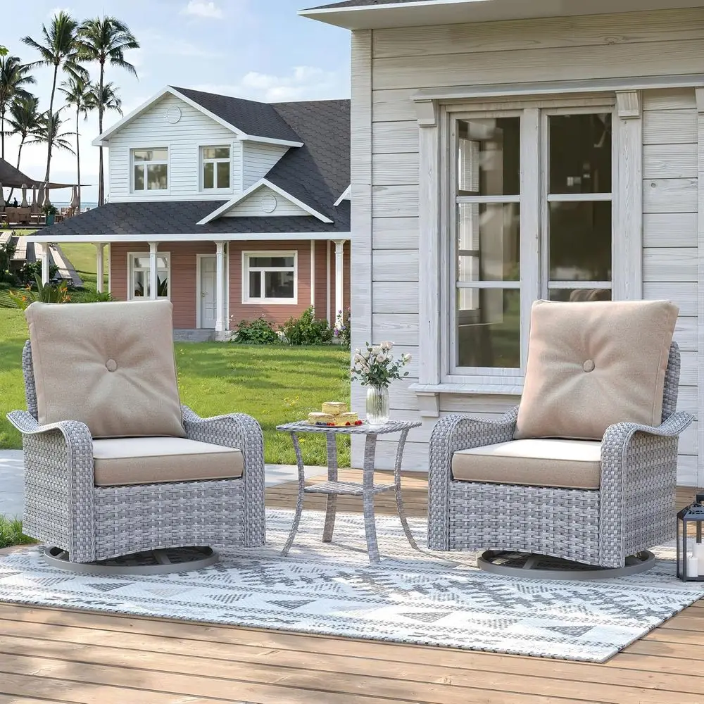 

3-Piece Wicker Patio Furniture Set with Swivel Rocking Chairs, Cushions, and Double Layer Glass Side Table, Suitable for Backyar