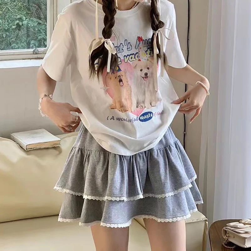 HOUZHOU rok pendek Kawaii wanita Jepang lucu renda perca Lace-up pinggang elastis A-line Ruffle rok Mini Lolita Harajuku