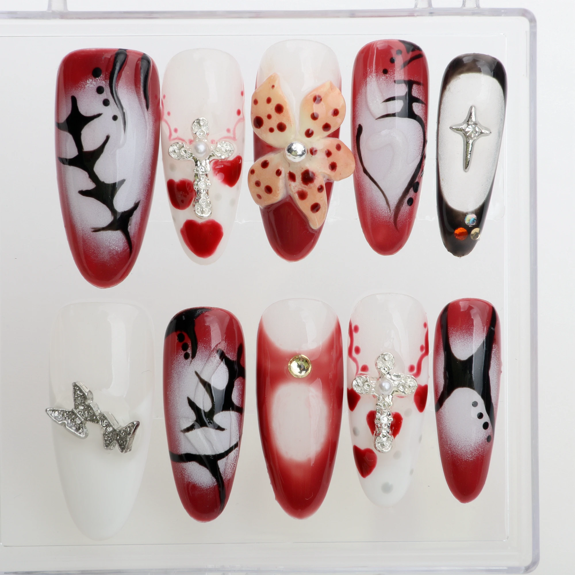 

10Pcs Handmade Manicure Long Almond Fake Acrylic Y2k Nails Unique 3D New Cut Flowers Butterfly FreeStyle Cross Press On Nails