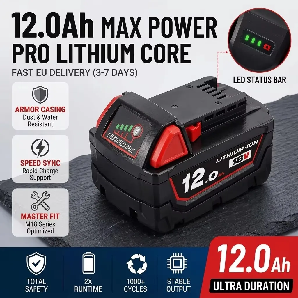 Image of Wiederaufladbarer 18V 12000mAh Milwaukee M18 Akku, geeignet für Milwaukee Baumaschinen M18B5 XC 48-11-2402 48-11-2411 2604-22