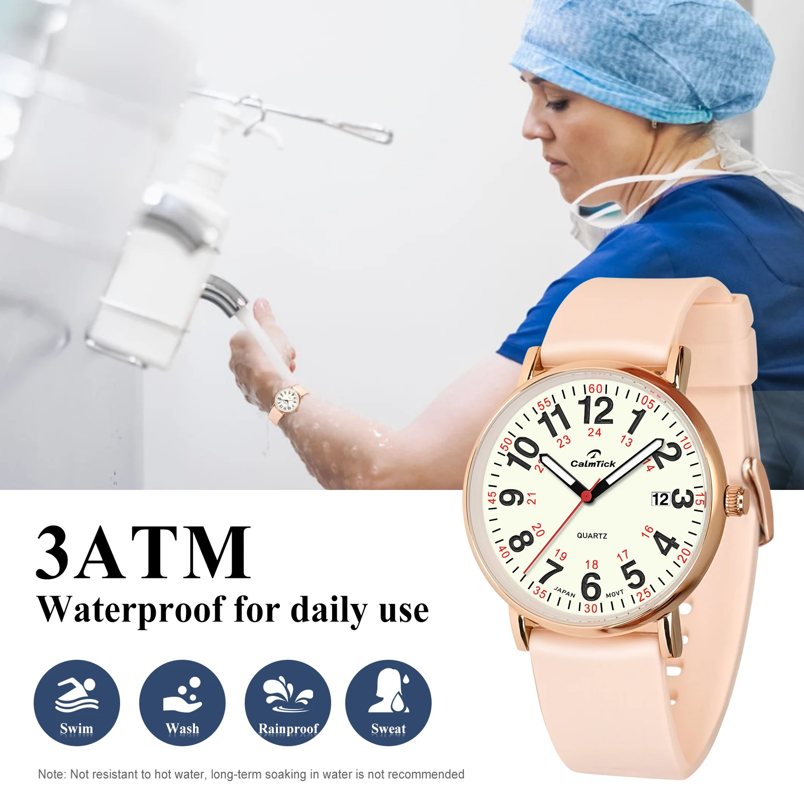 Calmtick Fine Artistic Nurse's Watch With Luminous Stopwatch Waterproof Plastic Strap