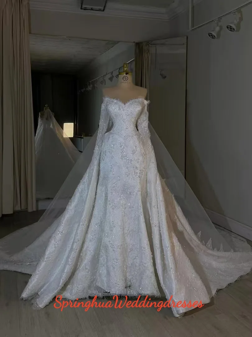 

Luxury Glitter Modern Sweetheart Heavy Bead Rhinestone Mermaid Wedding Dress Overskirt Long Sleeves Bridal Gowns
