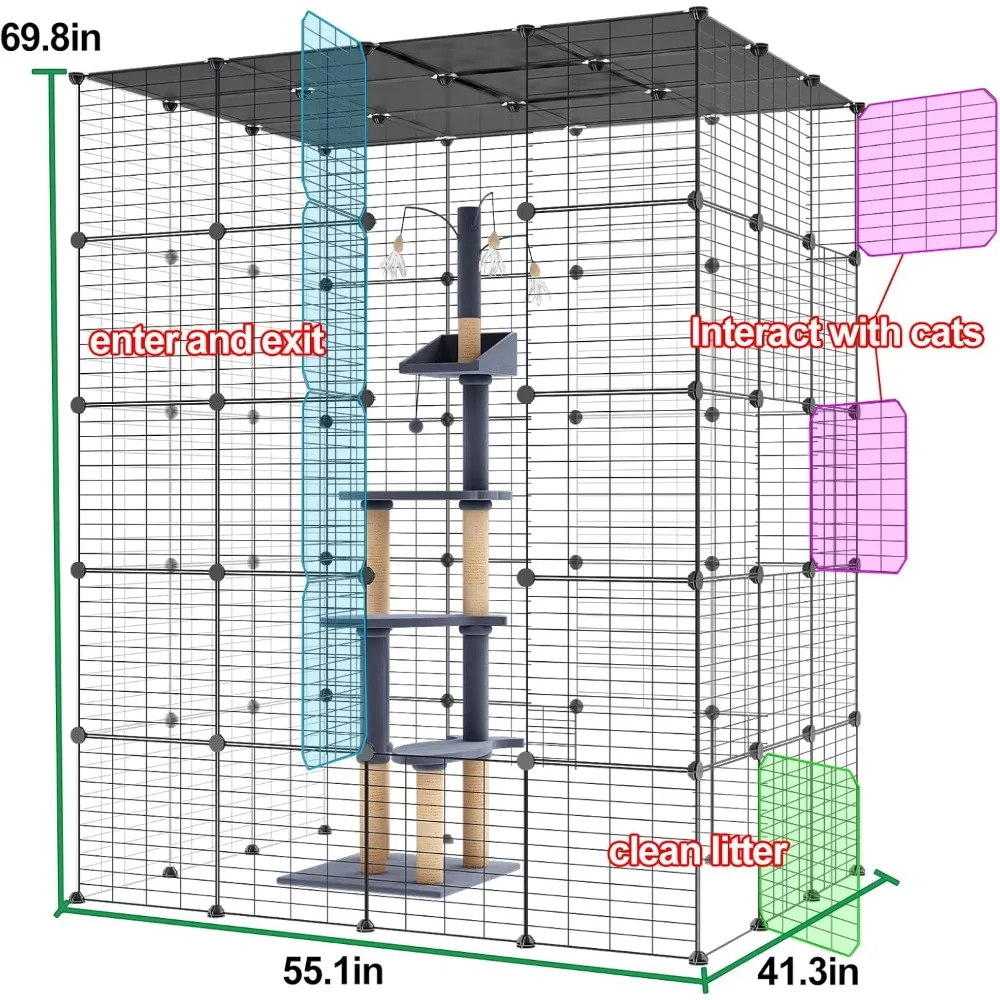 iiel Outdoor Cat House Cat Cages Enclosure with Super Large Enter Door, 55.1L x 41.3W x 68.9H Balcony Cat Playpen