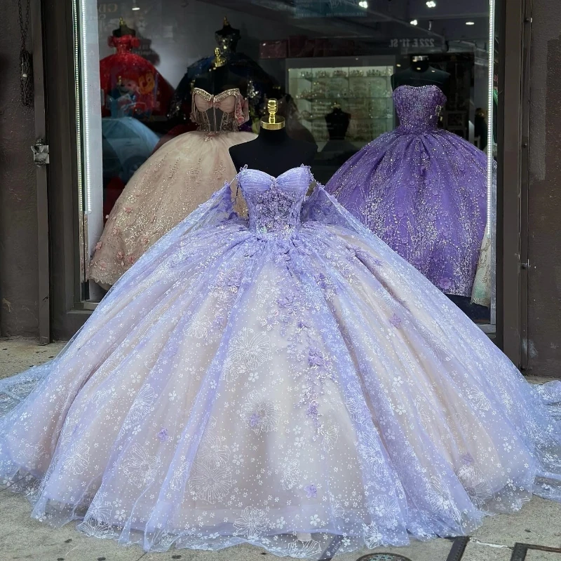 

Lavender Lilac Quinceanera Dresses Ball Gown Applique Beading Tulle With Cape Corset Sweet 16 Vestidos De XV 15 Anos