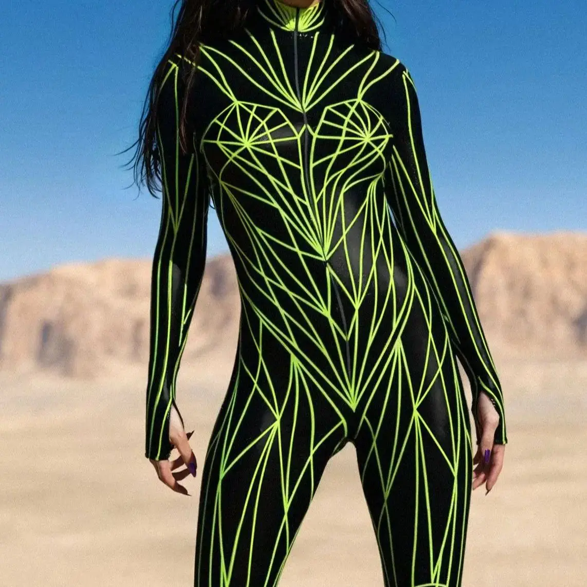 

Halloween Tights Green Line Laser 3d Digital Printing Adult Unisex Jumpsuit Punk Deformation Suit Robot Stage Role Play Costume