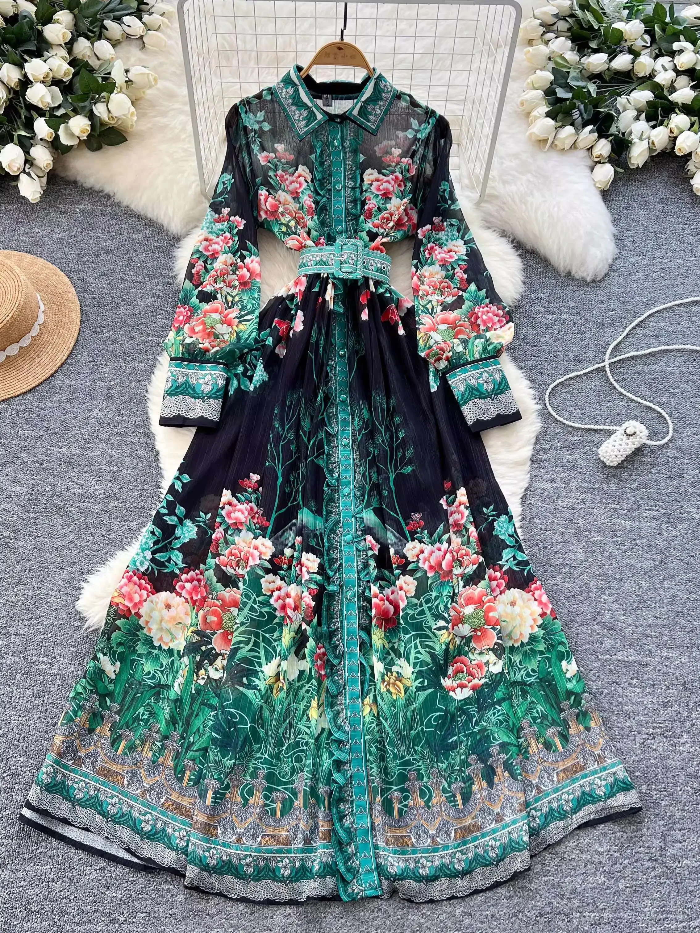 우아한 궁전 스타일 브랜드 디자이너 싱글 브레스트 긴 소매 꽃 맥시 드레스 셔츠 여성 캐주얼 프린트 쉬폰 드레스