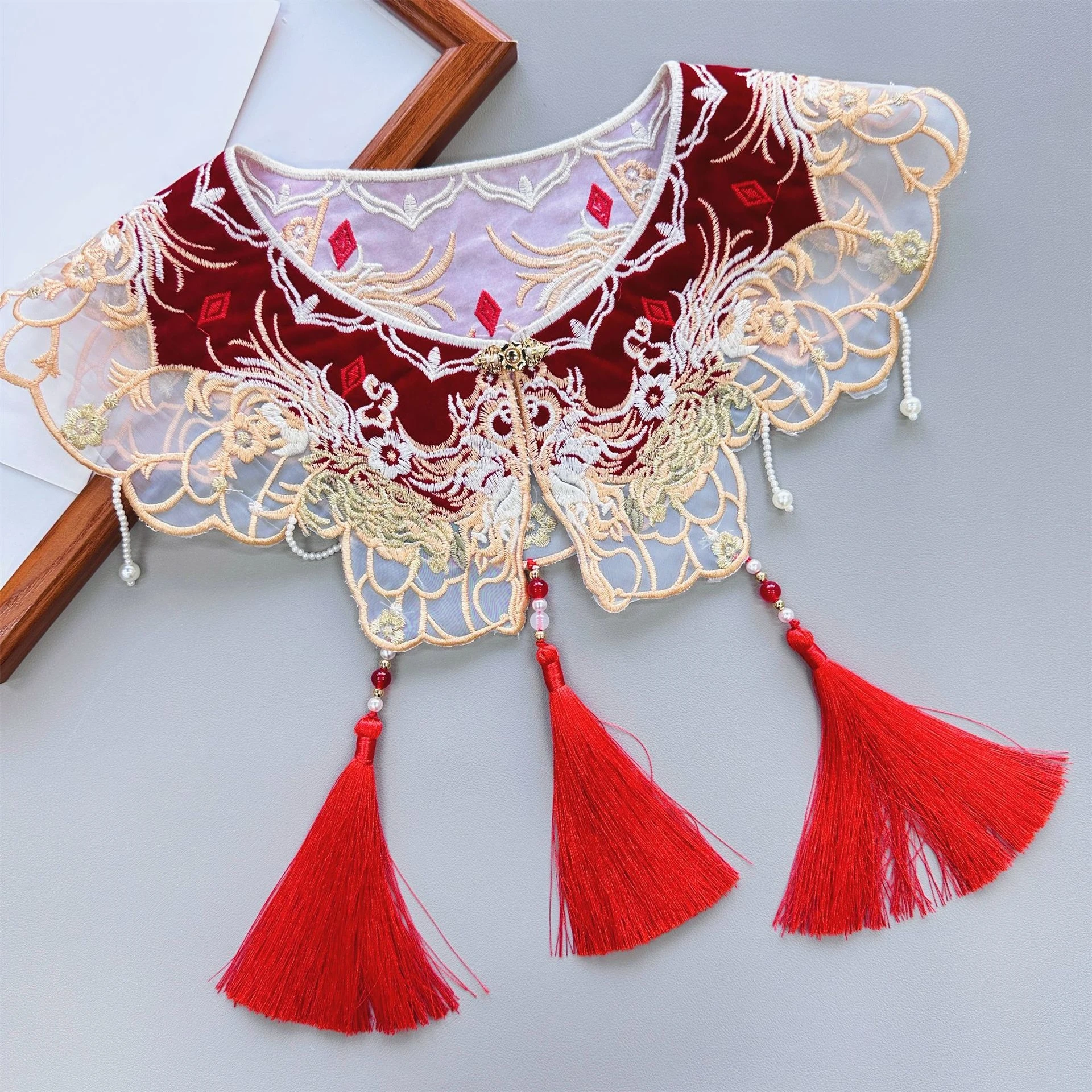 

Embroidered Hanfu Collar Long Ribbon Gown Shoulder Pearl Tassel Floral Bunny Wedding Tang Song Chinese Traditional Ancient Women