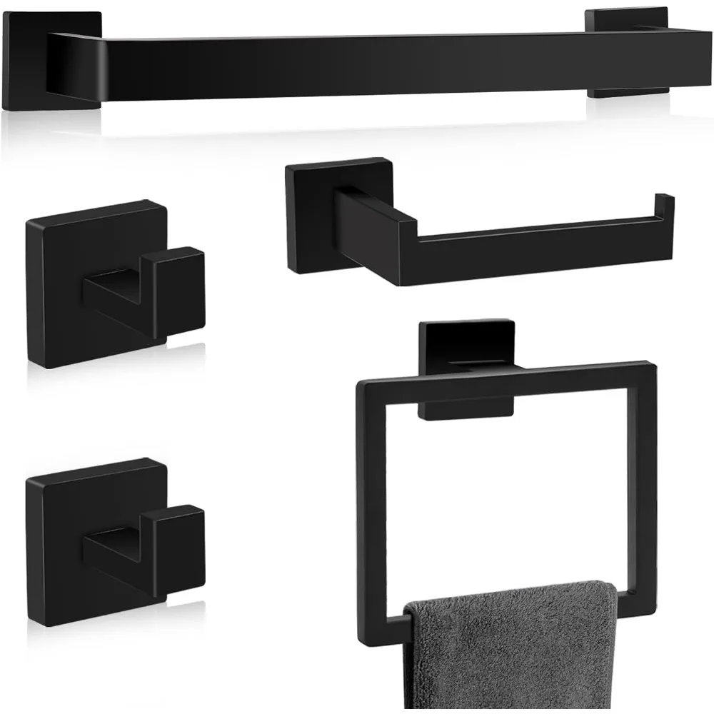 

Matte Black Bathroom Hardware Set of 5 Pieces, 23.6 Inch Towel Bar, 304 Stainless Steel Wall Mounted Racks