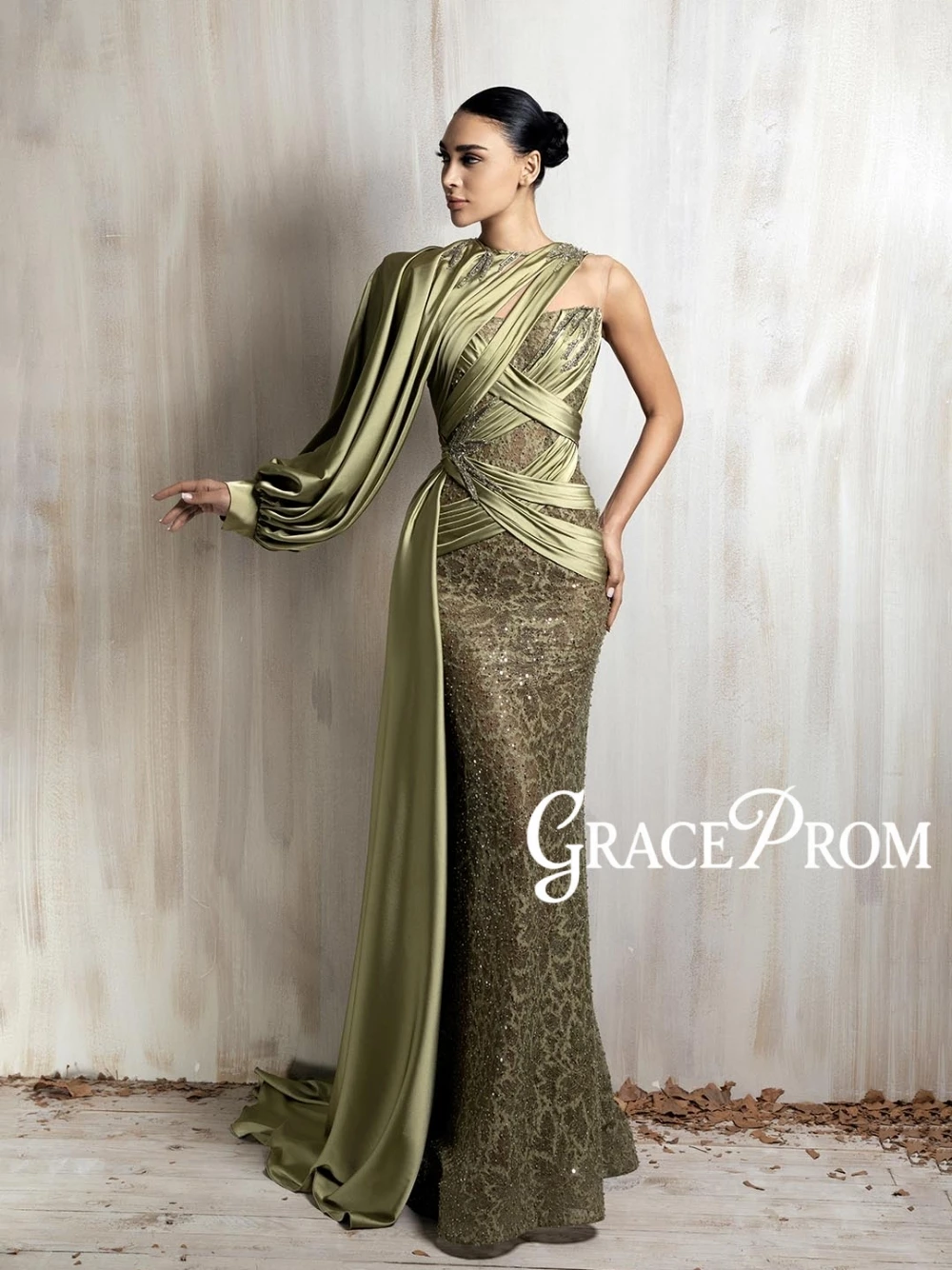 

High-end Olive Green Satin Draped Formal Luxury Beaded Mermaid Evening Dress Unique One-Shoulder Lantern Sleeve For Wedding Gala