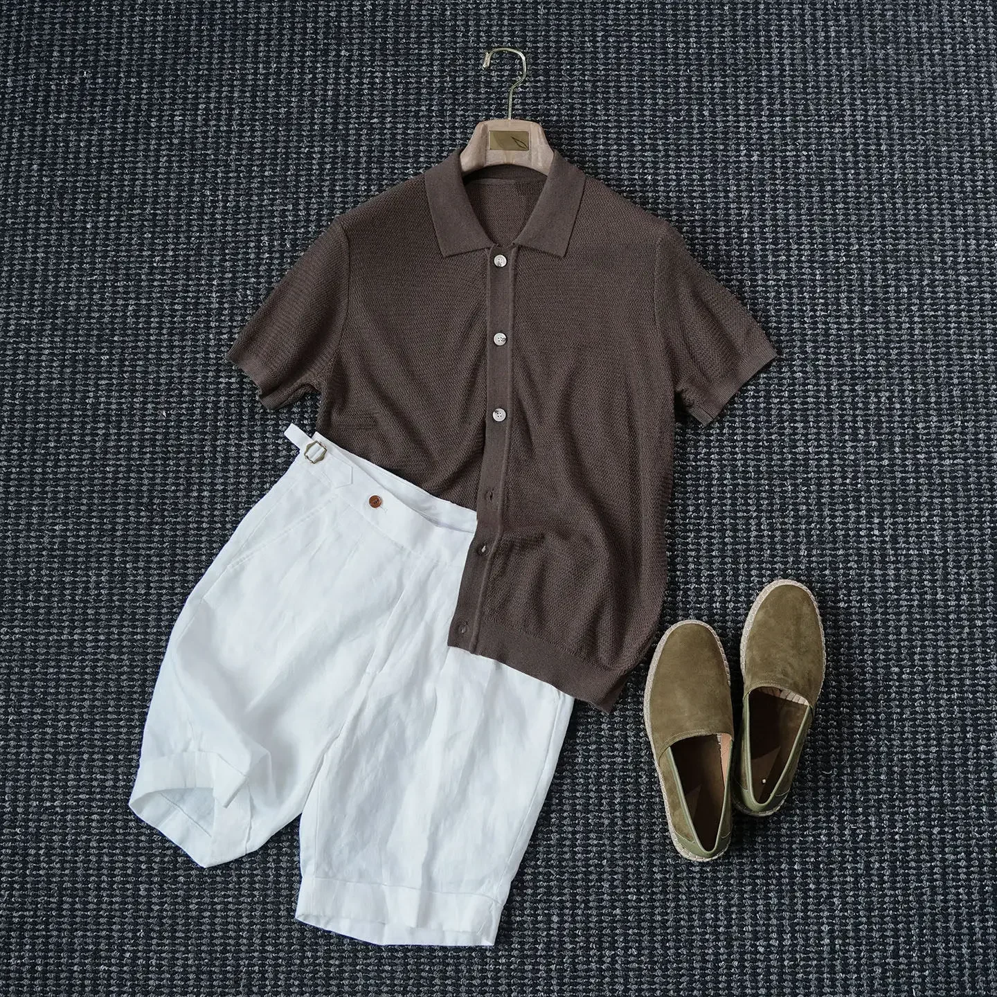 Gentleman's elegant texture old money knitted short-sleeved cardigan men's mulberry silk blended polo shirt