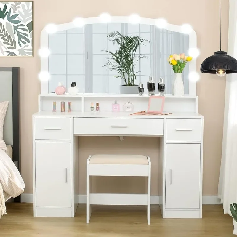 

Modern Makeup Vanity Table with ,Cabinets & 10 LED Bulbs, Dressing Table with Cushioned Stool for Women, Bedroom, White